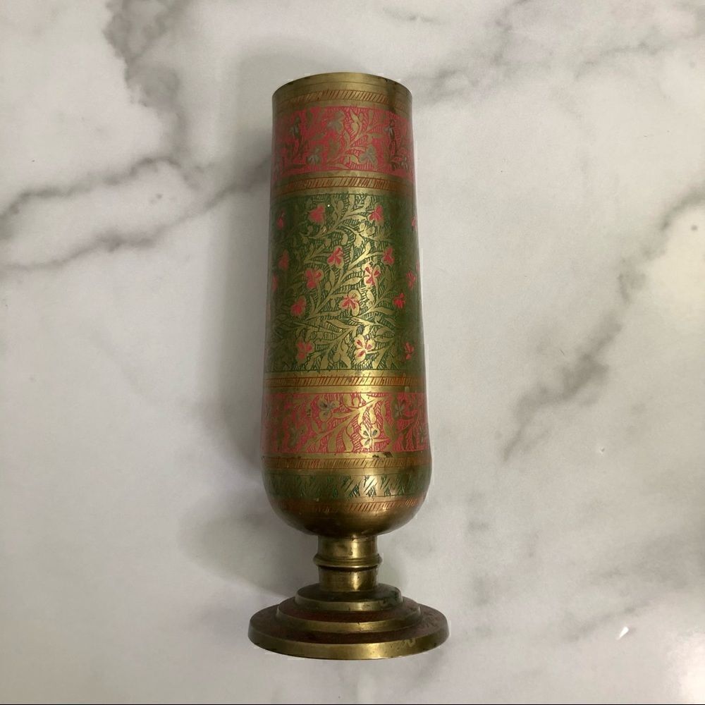 Vintage Etched Enamel Brass Footed Urn/Vase Red and Green Floral - Picture 10 of 10